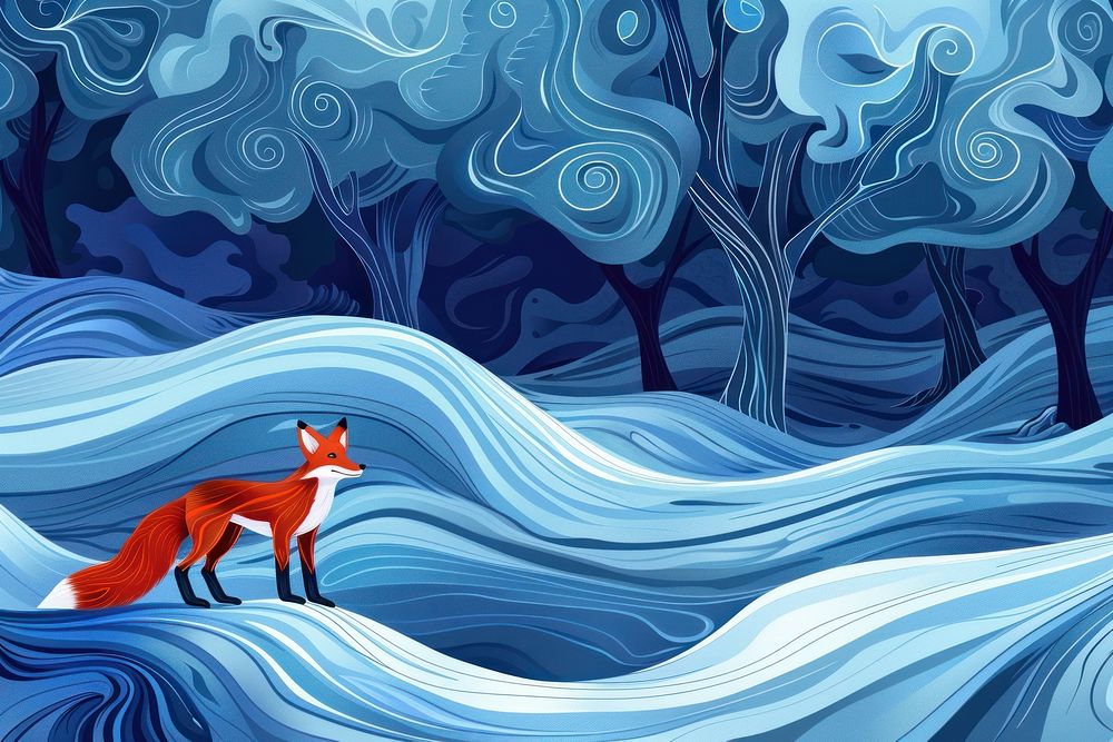 Beautiful mystical blue forest with enchanted trees and red fox on a hill in the style of graphic novel outdoors cartoon…