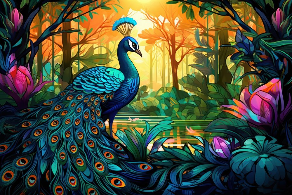 Beautiful Peacock in an Indian Garden in the style of graphic novel outdoors peacock cartoon.
