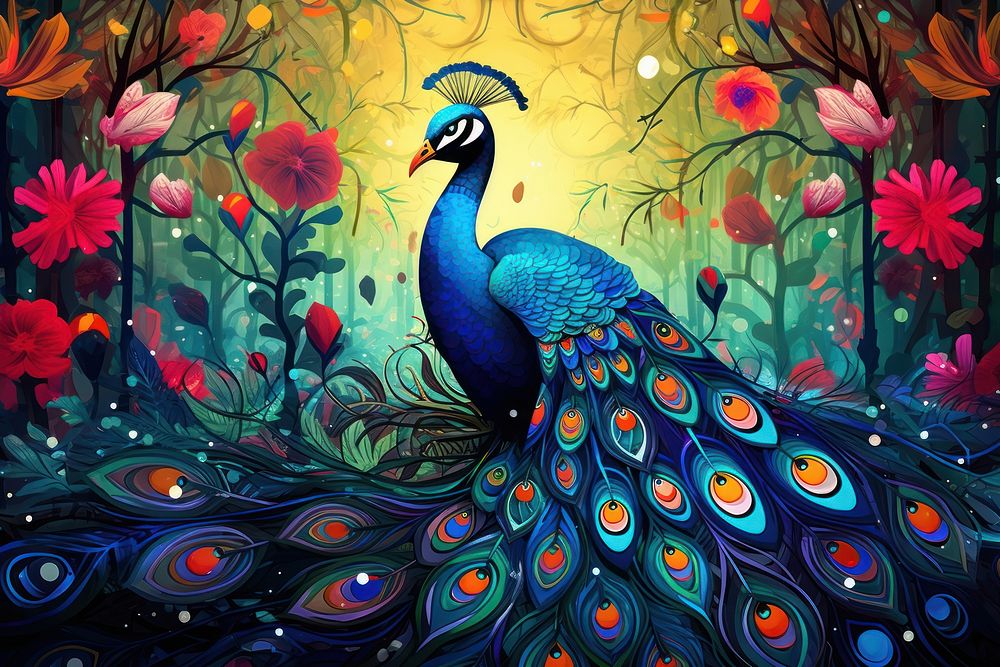 Beautiful Peacock in an Indian Garden in the style of graphic novel art painting peacock.