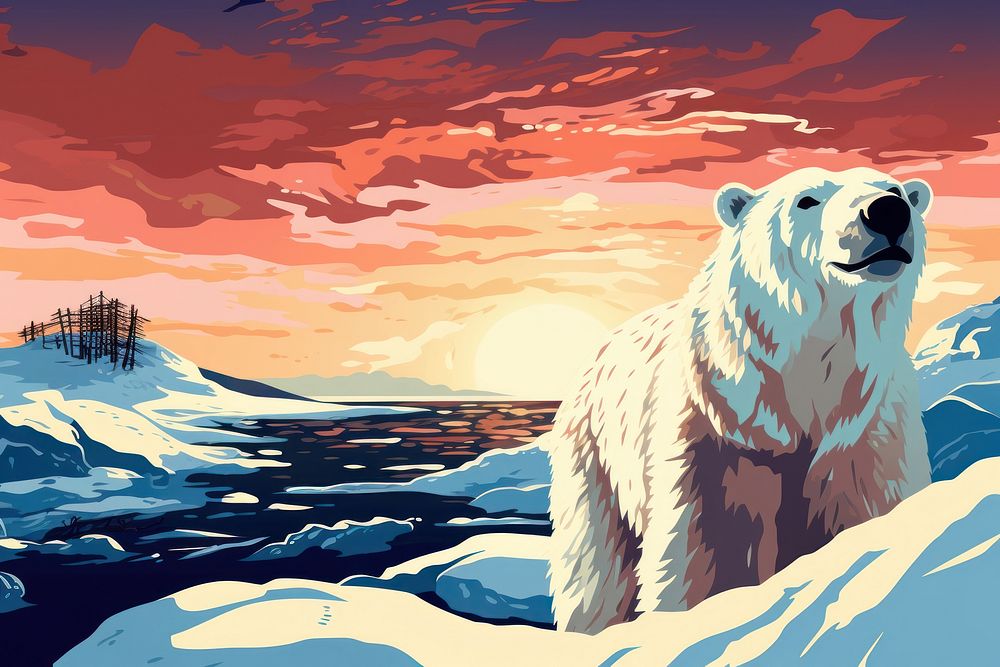 Below of polar bear with white fur and brown eyes looking at camera while standing against snowy landscape outdoors cartoon…