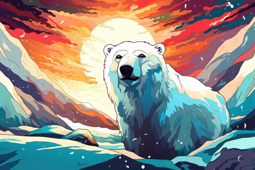 Below of polar bear with white fur and brown eyes looking at camera while standing against snowy landscape cartoon mammal…