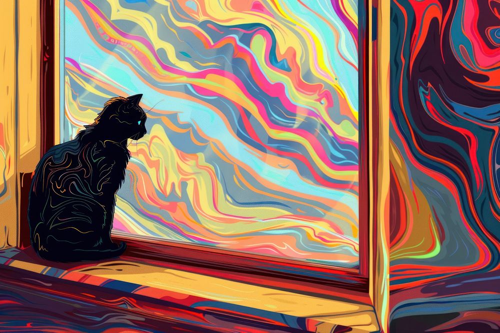 Black cat on windowin the style of graphic novel painting art cartoon.