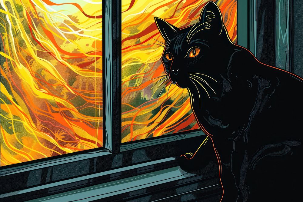 Black cat on windowin the style of graphic novel cartoon animal mammal.
