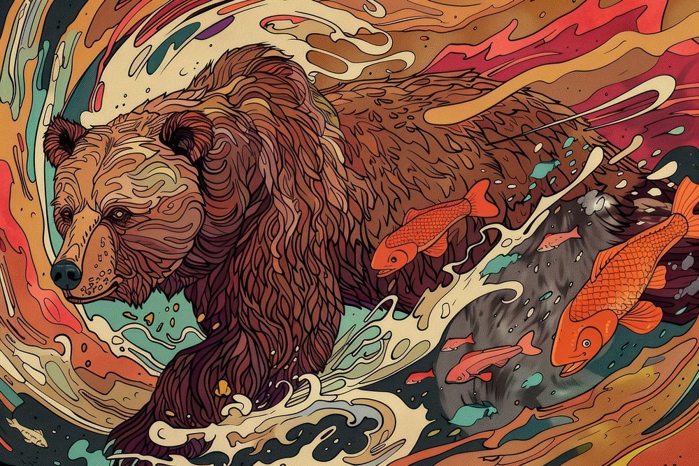 Brown bear with salmon in the style of graphic novel painting art cartoon.