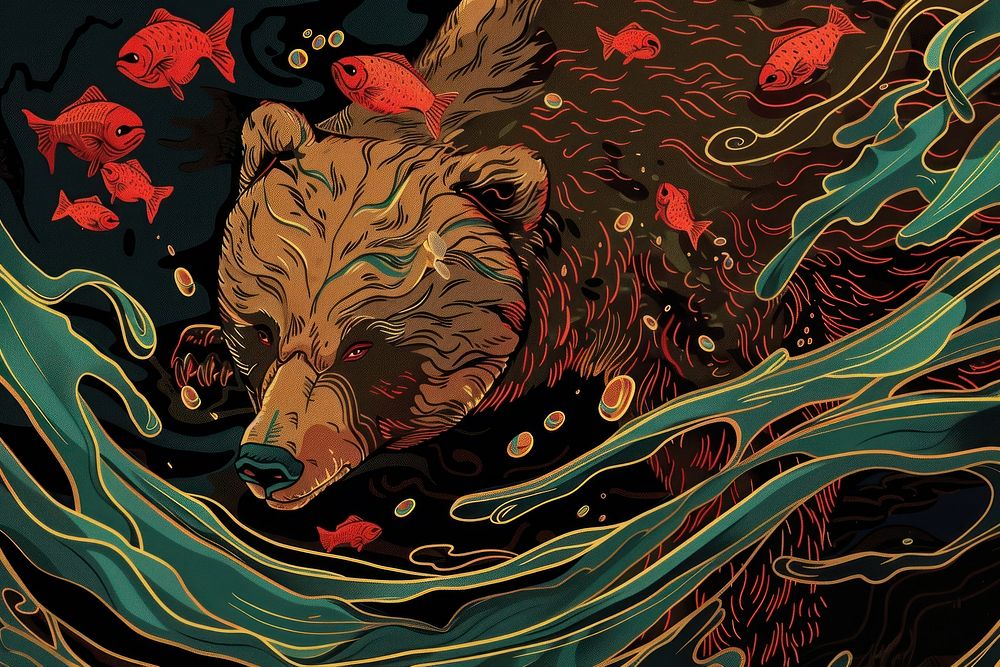 Brown bear with salmon in the style of graphic novel art wildlife painting.