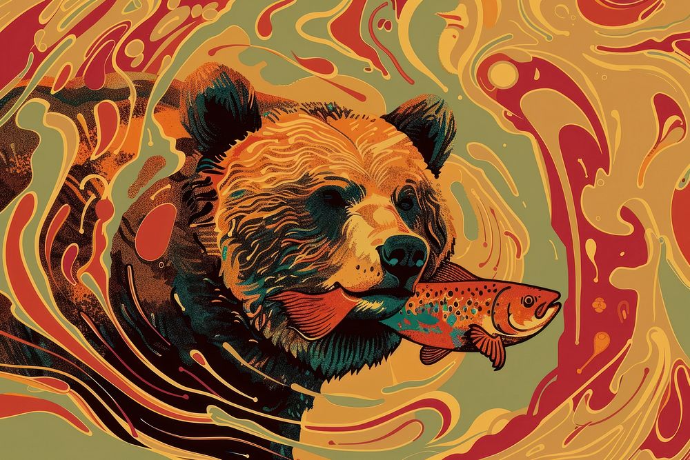 Brown bear with salmon in the style of graphic novel art cartoon animal.