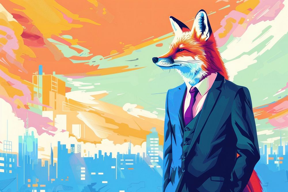 Businessman fox stand in the city in the style of graphic novel cartoon architecture creativity.