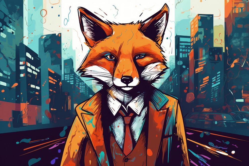 Businessman fox stand in the city in the style of graphic novel cartoon mammal representation.