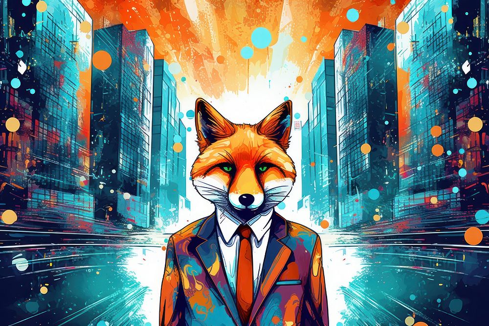 Businessman fox stand in the city in the style of graphic novel graphics cartoon representation.