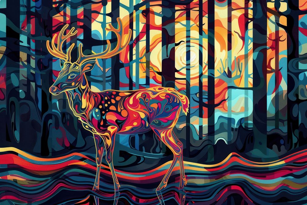 Glowing deer in forest in the style of graphic novel painting art cartoon.