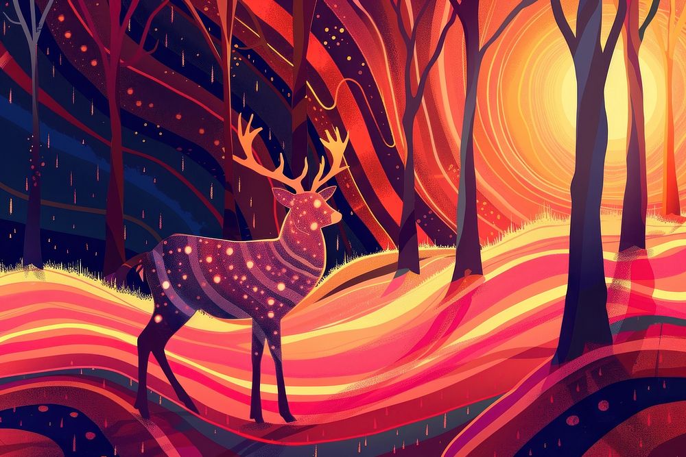 Glowing deer in forest in the style of graphic novel outdoors cartoon mammal.