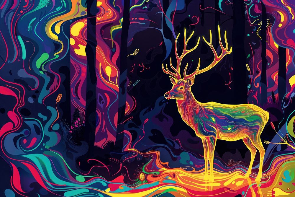Glowing deer in forest in the style of graphic novel painting cartoon backgrounds.