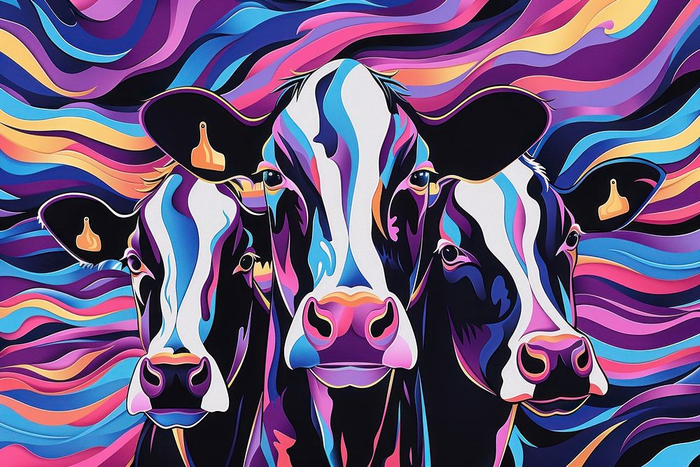 Group of cows at cowshed eating hay or fodder on dairy farm in the style of graphic novel art livestock painting.