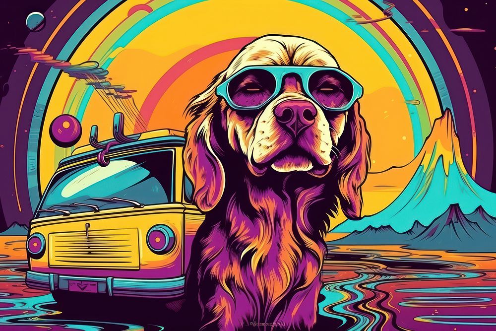 Dog on a road trip in the style of graphic novel art graphics painting.