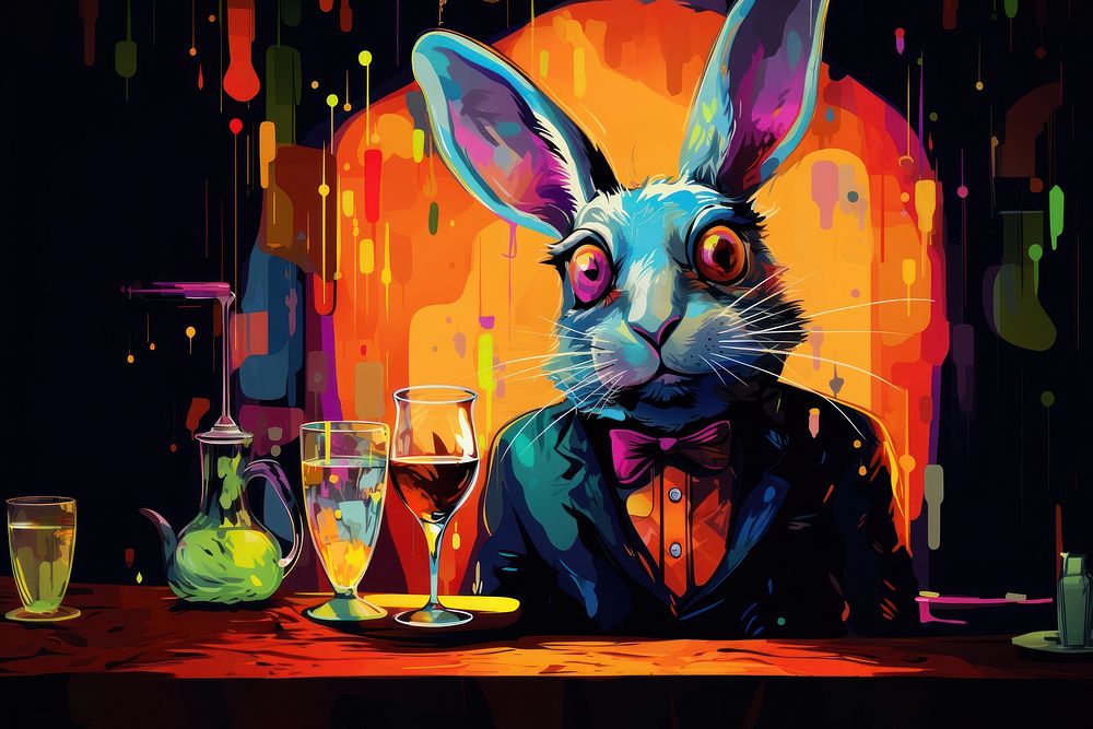 Drinking rabbit with alcohol in a pub in the style of graphic novel painting cartoon animal.