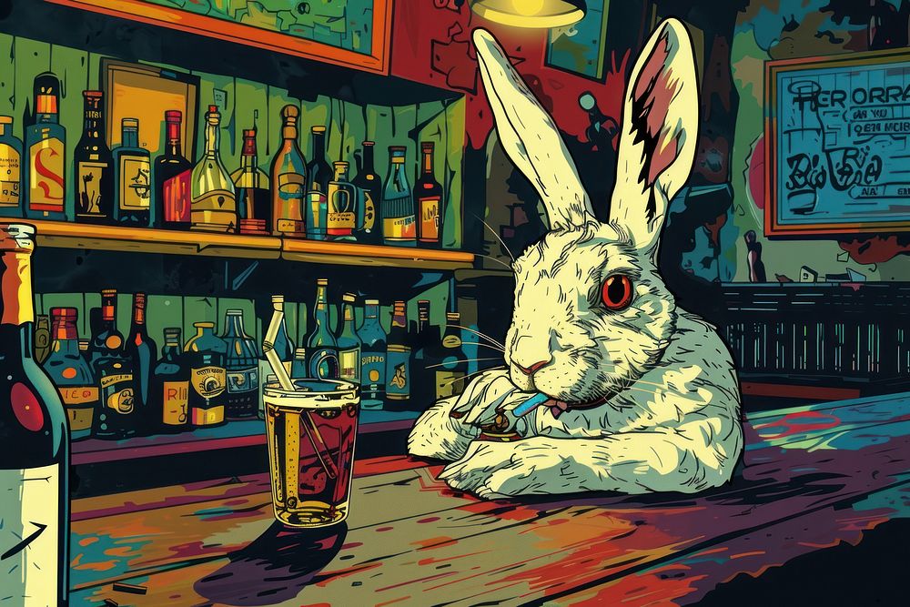 Drinking rabbit with alcohol in a pub in the style of graphic novel cartoon mammal tin.