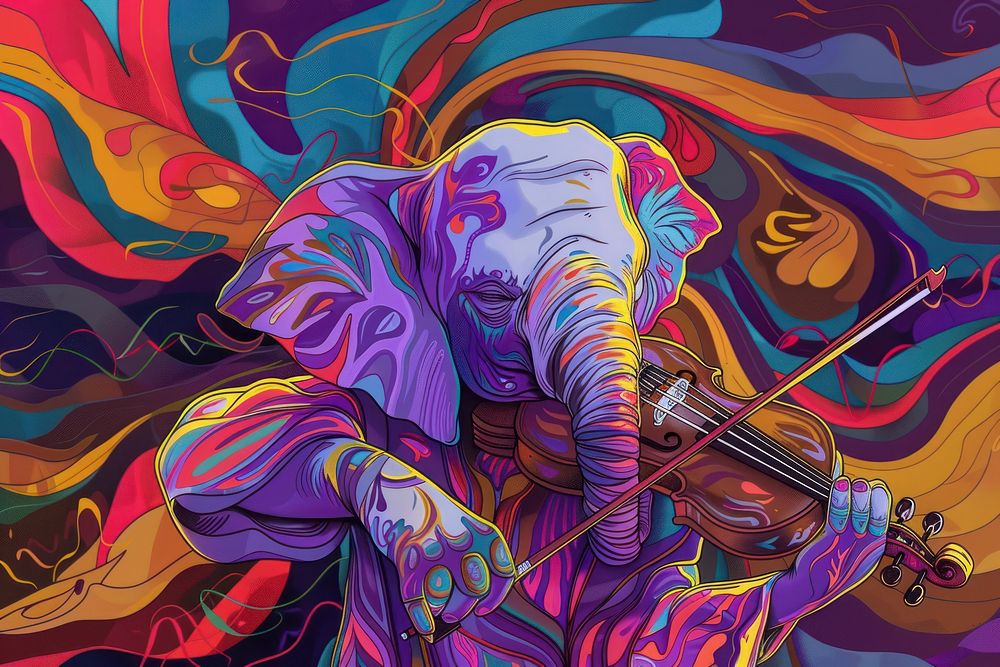 Elephant playing violin in the style of graphic novel art elephant painting.