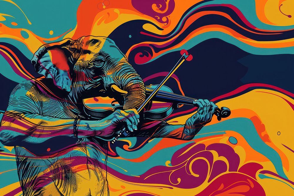 Elephant playing violin in the style of graphic novel art painting graphics.