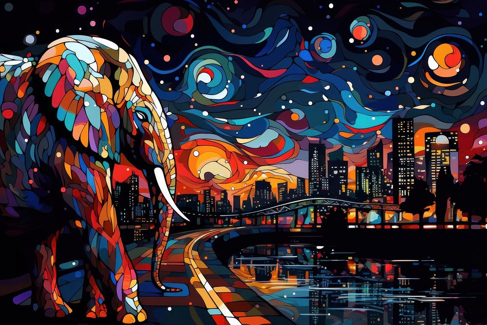 Elephant walking in night city in the style of graphic novel painting art architecture.