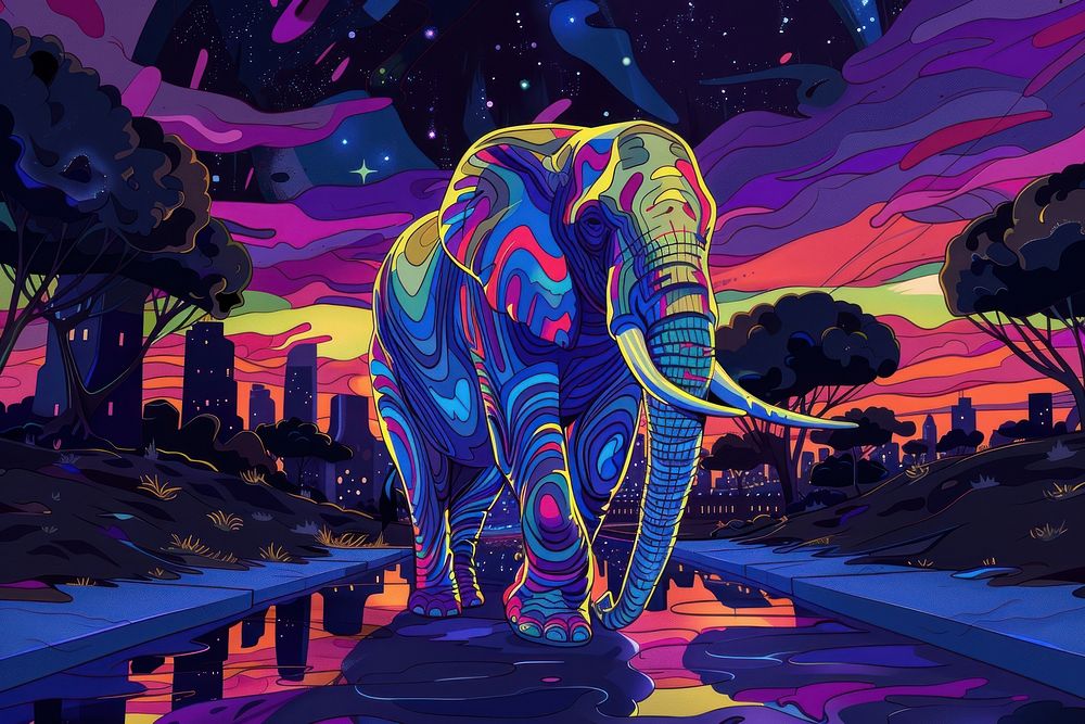 Elephant walking in night city in the style of graphic novel art wildlife outdoors.