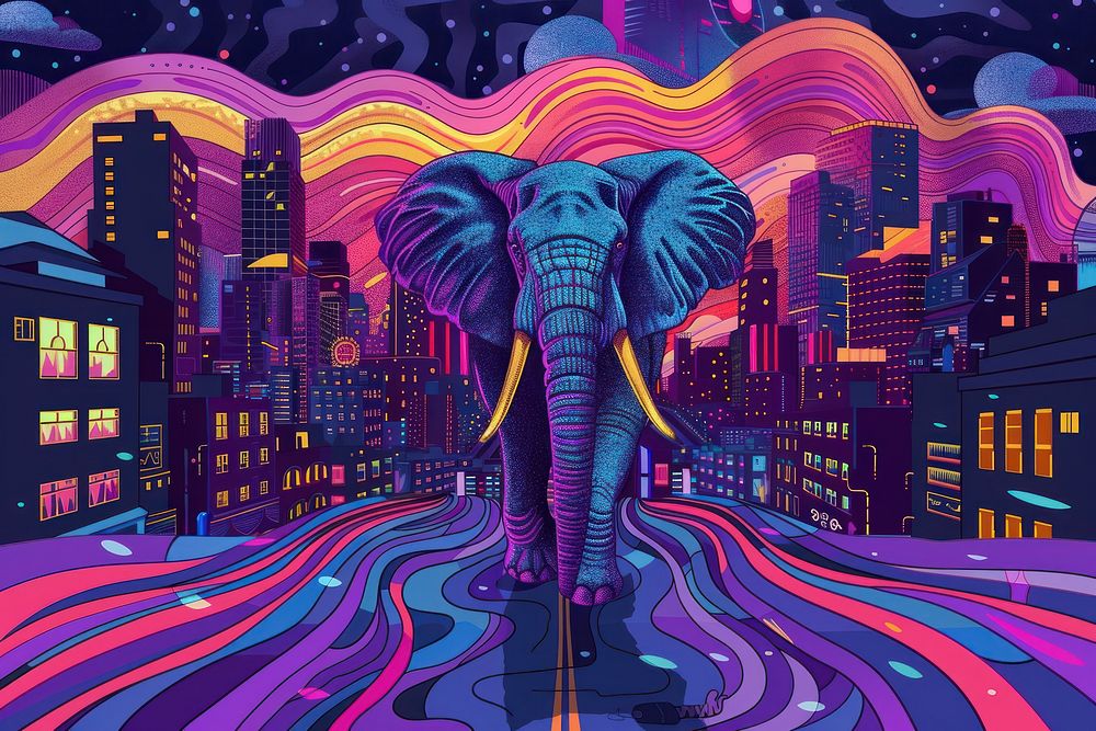 Elephant walking in night city in the style of graphic novel art outdoors graphics.