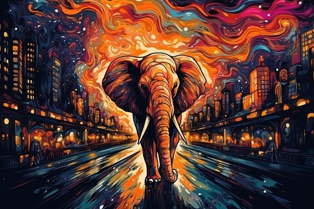 Elephant walking in night city in the style of graphic novel art painting cartoon.