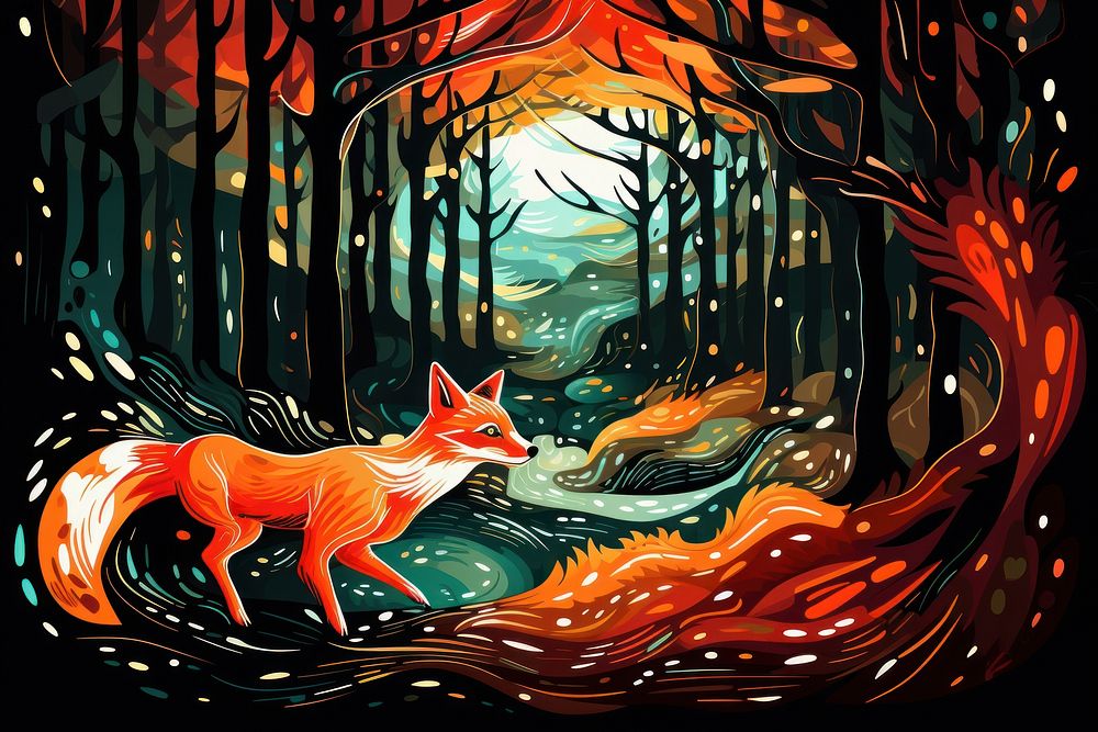 Fox chasing pig in deep forest in the style of graphic novel painting cartoon mammal.
