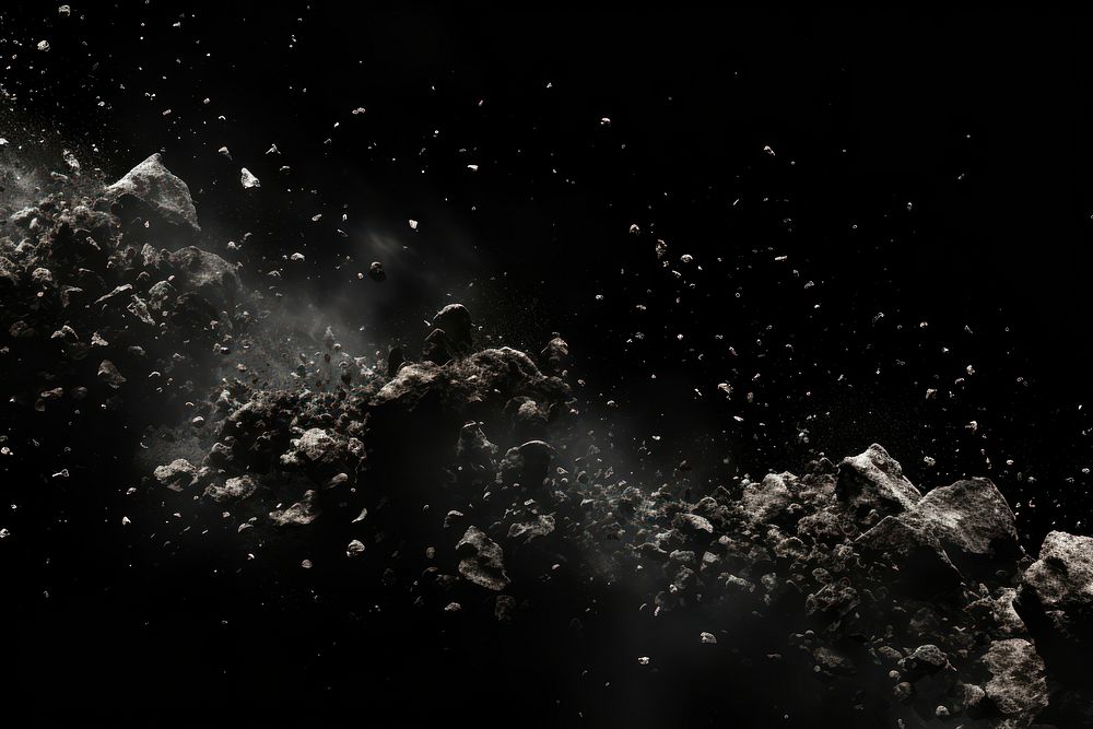Falling debris with dust on black background banner night space monochrome.