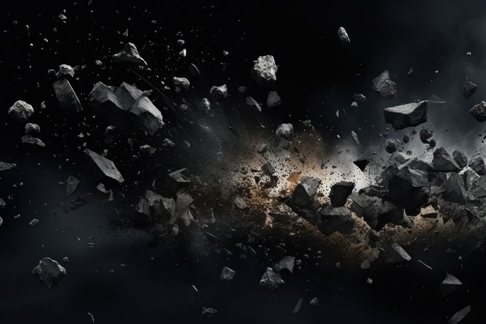 Falling debris with dust on black background banner night destruction accessories.