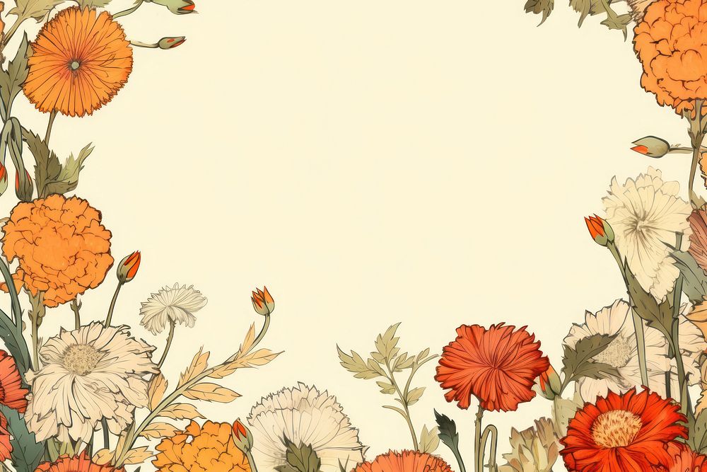 Ukiyo-e art print style Calendula flower backgrounds pattern.