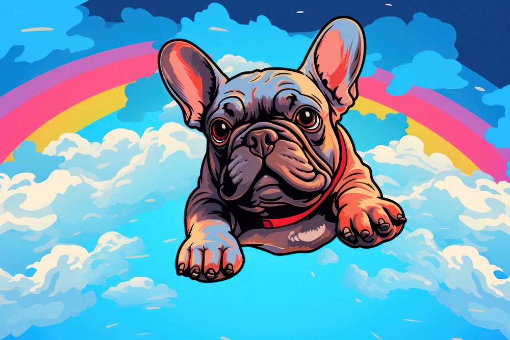 French bulldog dog jumping over blue sky cartoon animal mammal.