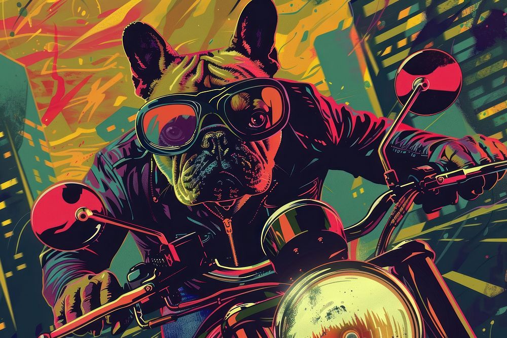 French Bulldog Riding Motorcycle at city in the style of graphic novel motorcycle cartoon comics.