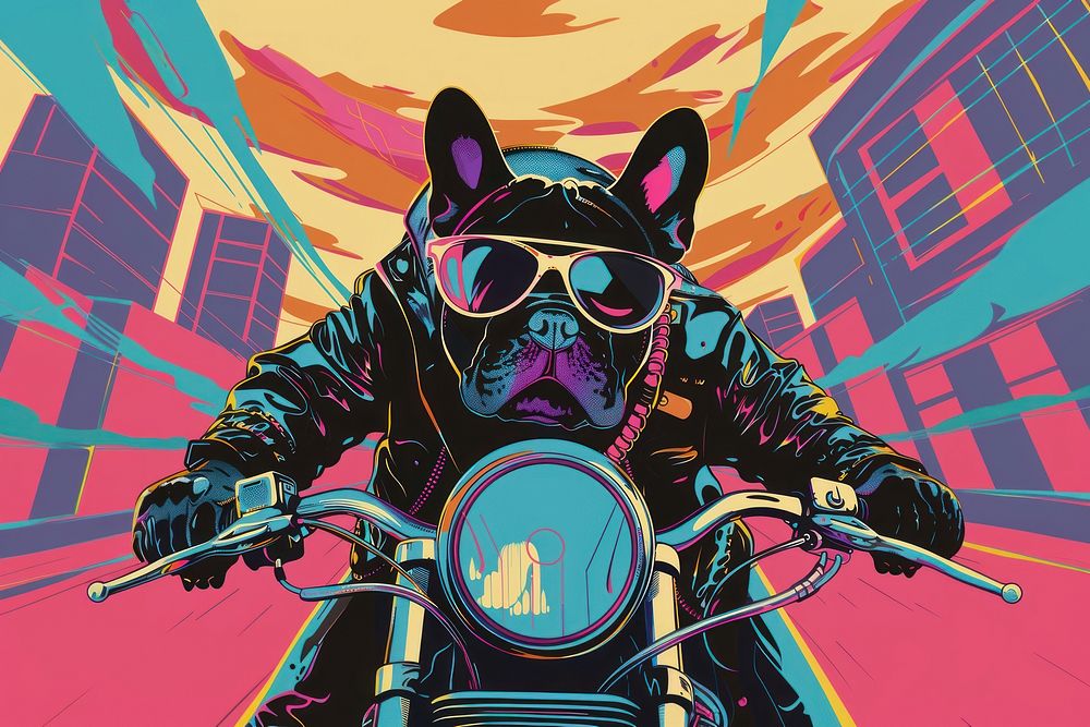 French Bulldog Riding Motorcycle at city in the style of graphic novel motorcycle graphics cartoon.