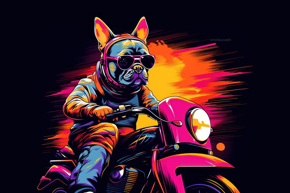 French Bulldog Riding Motorcycle at city in the style of graphic novel motorcycle graphics bulldog.