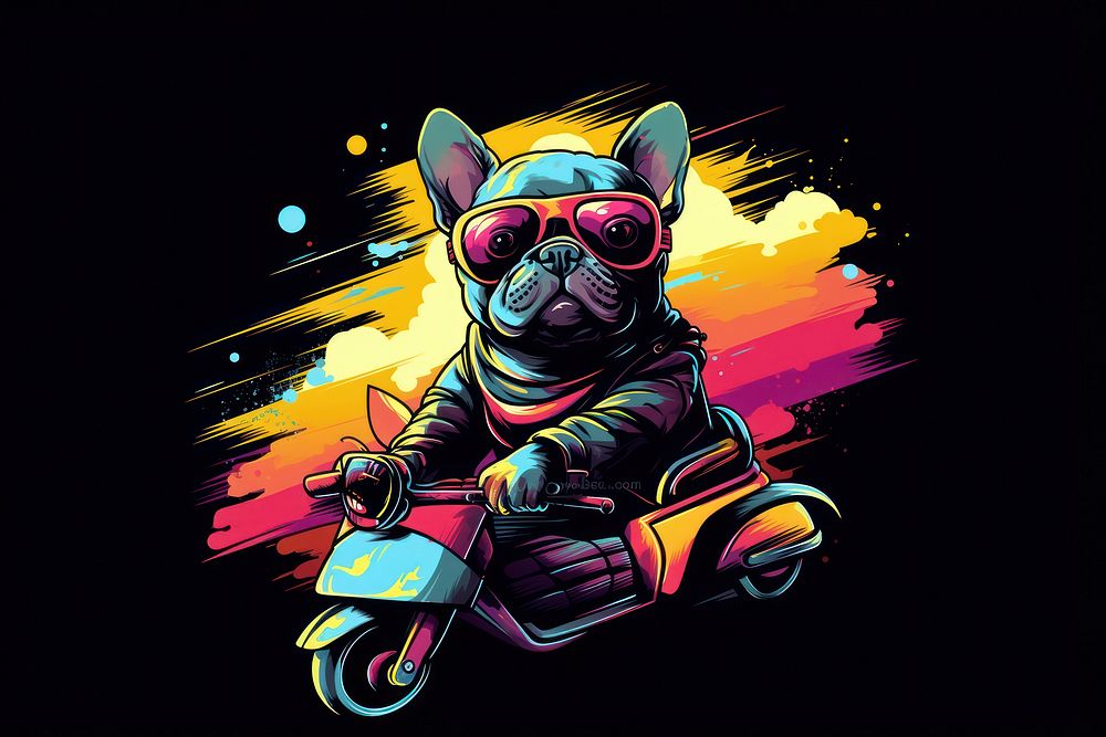 French Bulldog Riding Motorcycle in the style of graphic novel motorcycle graphics bulldog.