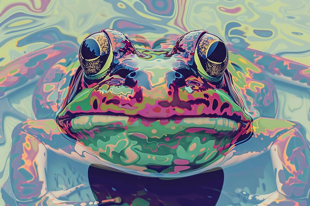 Frog in a pond in the style of graphic novel amphibian cartoon animal.