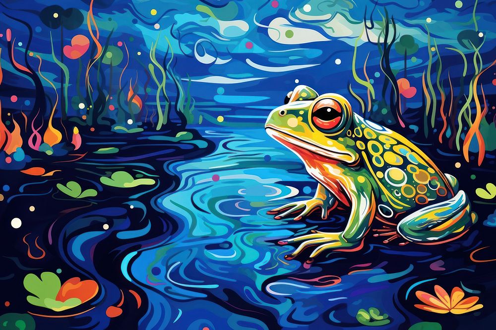 Frog in a pond in the style of graphic novel painting art amphibian.