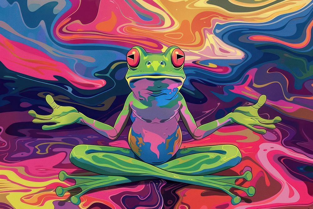 Frog meditation in the style of graphic novel painting art amphibian.