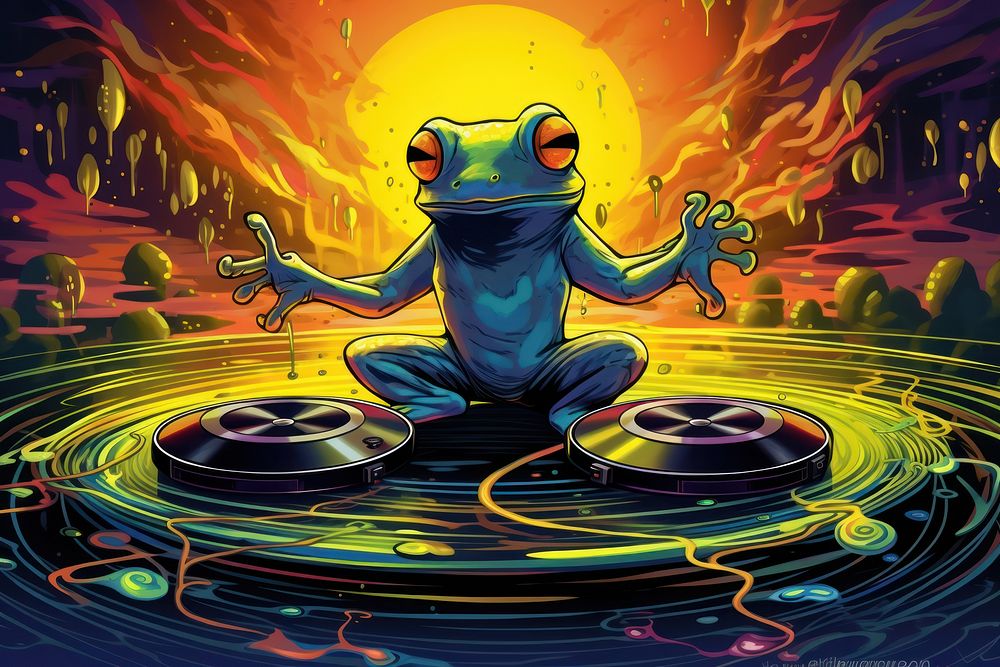 Frog meditation in the style of graphic novel amphibian cartoon representation.