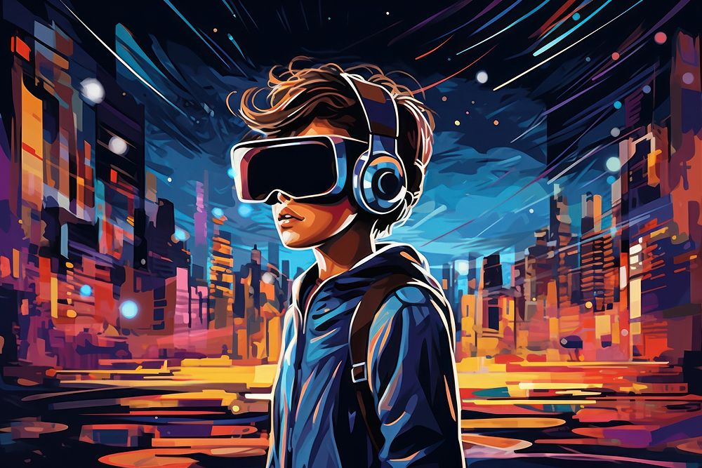 Kid with vr in future city in the style of graphic novel cartoon poster architecture.