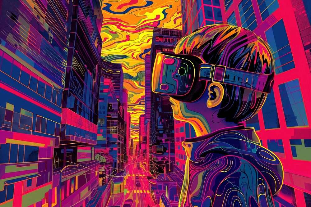 Kid with vr in future city in the style of graphic novel art graphics cartoon.
