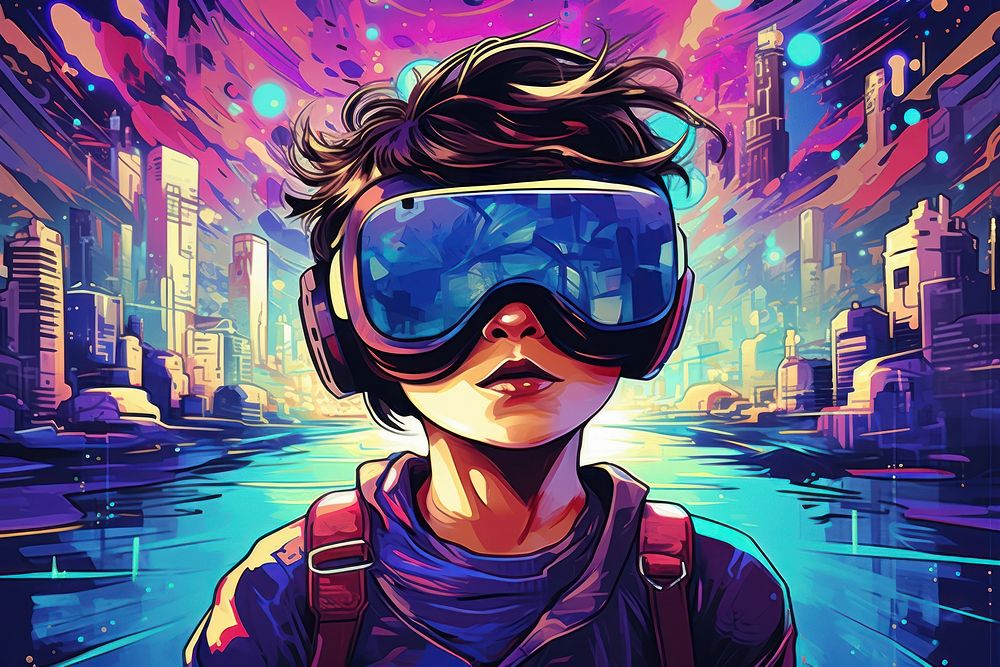 Kid with vr in future city in the style of graphic novel art cartoon poster.