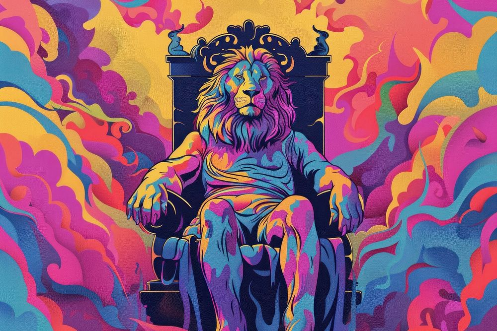 King royal lion sitting on a throne in the style of graphic novel painting art graphics.