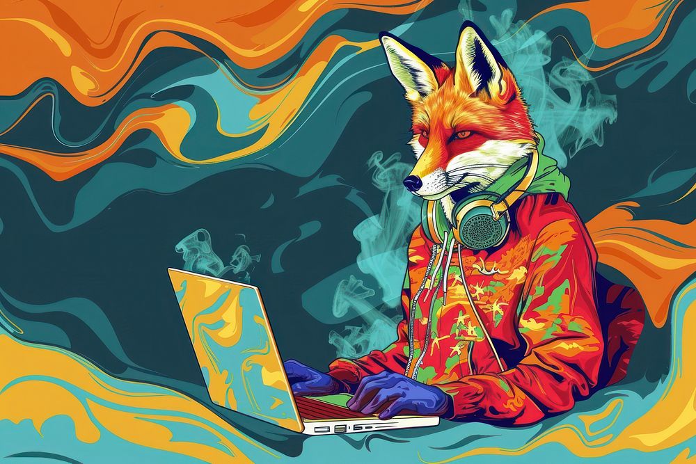Happy fox in hipster clothes working on laptop in the style of graphic novel painting art computer.