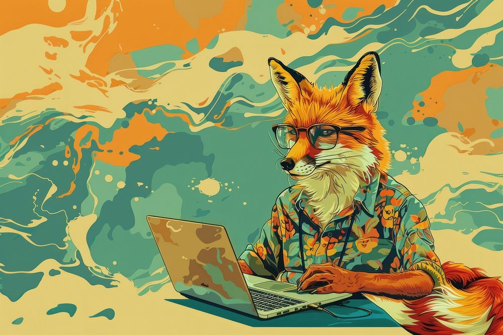 Happy fox in hipster clothes working on laptop in the style of graphic novel art computer painting.