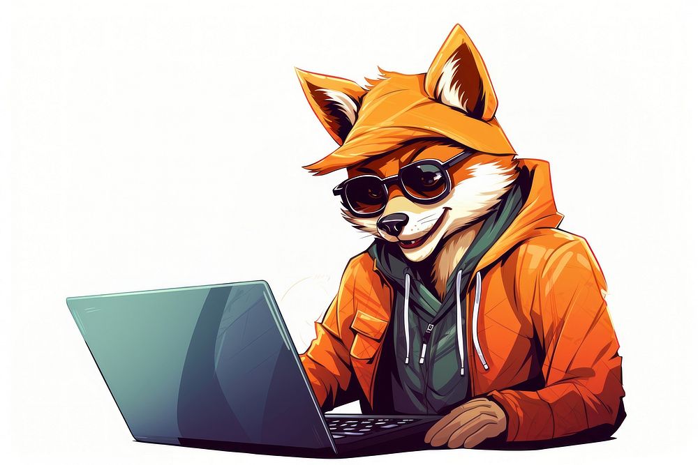 Happy fox in hipster clothes working on laptop in the style of graphic novel computer glasses cartoon.