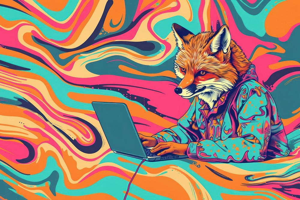 Happy fox in hipster clothes working on laptop in the style of graphic novel painting art cartoon.