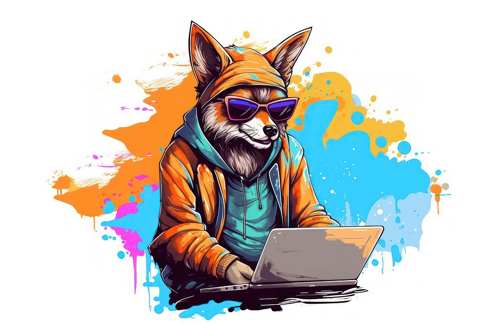 Happy fox in hipster clothes working on laptop in the style of graphic novel computer painting glasses.