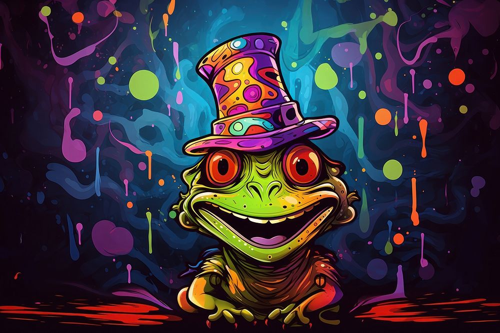 Happy frog smiling wearing hat birthday in the style of graphic novel cartoon graphics painting.