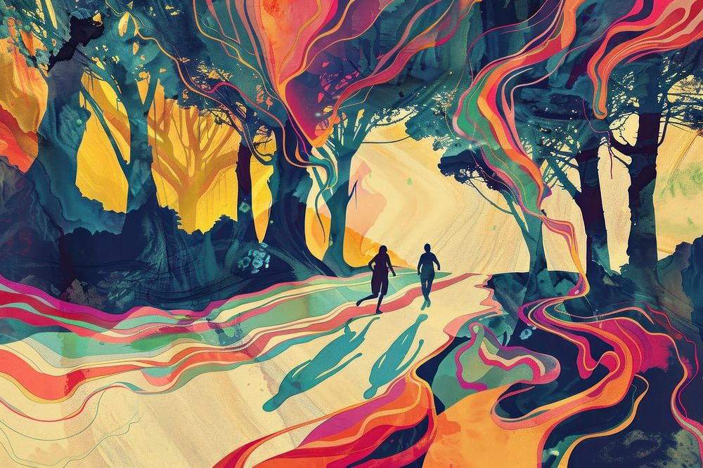 Ion and woman running on a street in forest in the style of graphic novel painting art outdoors.